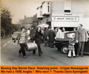 WESTBOURNE HISTORY PHOTO, MEMORIES , NORTH STREET, BARREL RACE , CRIPPS NEWSAGENTS , VILLAGE POLICEMAN WOOLGAR, 1970 , STAGS HEAD , SPRINGBETT