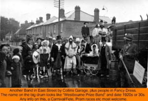 WESTBOURNE HISTORY PHOTO, PRIZE BAND, FANCY DRESS, CARNIVAL, FETE, COLLINS GARAGE, EAST STREET