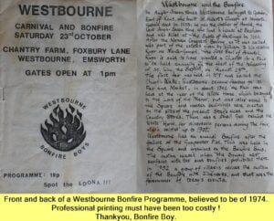 WESTBOURNE HISTORY PHOTO, BONFIRE, BOY, PROGRAMME, 1974,