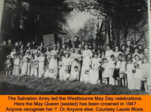 WESTBOURNE HISTORY PHOTO, SALVATION ARMY, BAND, MAY DAY, QUEEN, 1947, LAURIE MOSS,