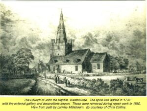 WESTBOURNE HISTORY PHOTO, CHURCH, St. JOHN, YEW, SPIRE, 1770, LUMLEY MILLSTREAM