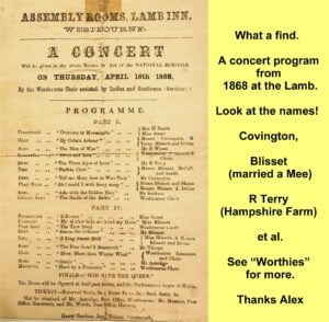 WESTBOURNE HISTORY PHOTO, LAMB INN, CONCERT, 1868, COVINGTON, TERRY