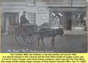 WESTBOURNE HISTORY PHOTO, TOM ‘DONKEY’ MILLS, POSTMAN, DONKEY CART, TREES GROCER, CENTRA HOUSE, THE SQUARE